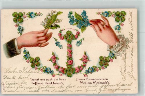 Männer- und Frauenhand Anker Glücksklee Vergissmeinnicht Maiglöckchen Blumensprache 1907 Prägedruck