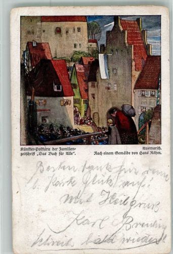 sign. Röhm, Hans Ausmarschierende Truppen durch das Stadttor Künstler R 1915 Künstlerkarte