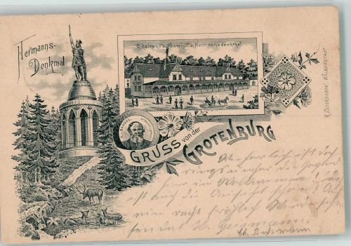 32756 W4930 Hiddesen 1903 Lithographie Verläufer Druck um 1890 Grotenburg Hermanns-Denkmal Hirsch Gasthaus zum Hermannsdenkmal Portrait Bandel