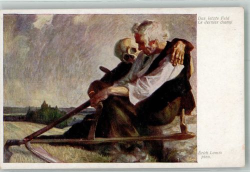 sign. Lamm, Erich Skelett umarmt einen alten Mann nach seiner letzten Feldarbeit Wiener Kunst B.K.W.I. Nr. 1521 Tod Künstlerkarte