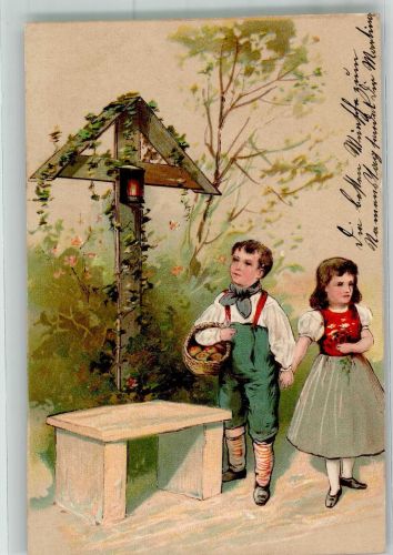 Zwei Händchen haltende Kinder vor einem Feldkreuz Kinderpoesie Flurkreuz / Marterl 1906 Prägedruck