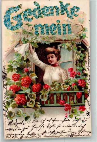 Gedenke mein Vergissmeinnicht Winkende Frau mit Taschentuch auf dem Balkon Blumensprache 1904 Prägedruck