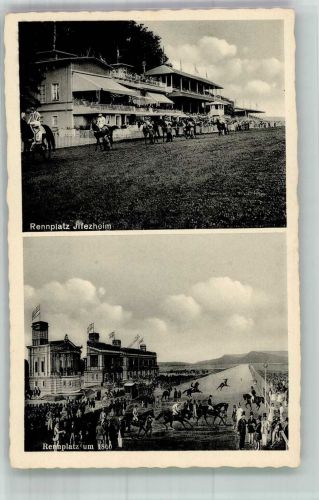 76473 W7557 Iffezheim Foto AK Galopprennplatz Iffezheim Tribühne Rennpatz um 1860