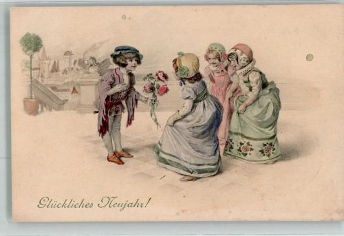 Neujahr Junge in klassischer Kleidung macht Mädchen mit Rosen seine Aufwartung Verlag M. Munk Nr. 292 Kinderpoesie 1906 Künstlerkarte