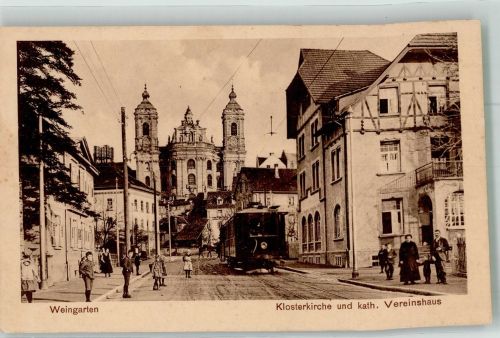 88250 W7987 Weingarten , Württ - Klosterkirche Kath. Vereinshaus Strassenbahn