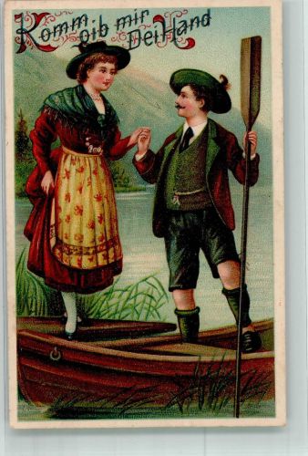 Mann hilft junger Frau in Tracht ins Ruderboot Poesie / Liebe Trachten Österreich 1908 Prägedruck