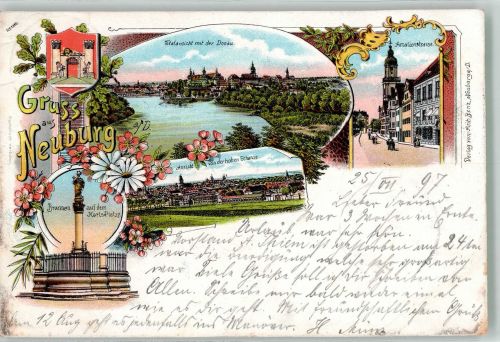 86633 W8858 Neuburg a d Donau 1897 Lithographie Brunnendenkmal Wappen Amilienstrasse