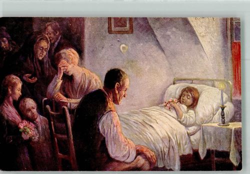 sign. Stang Familie trauert am Totenbett der kleinen Tochter Trauer Künstlerkarte