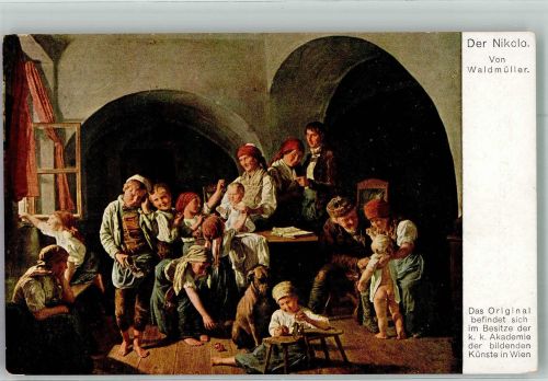 sign. Waldmüller Kinderschar in der Stube auf der Suche nach den Gaben des Nikolauses Nikolaus Künstlerkarte