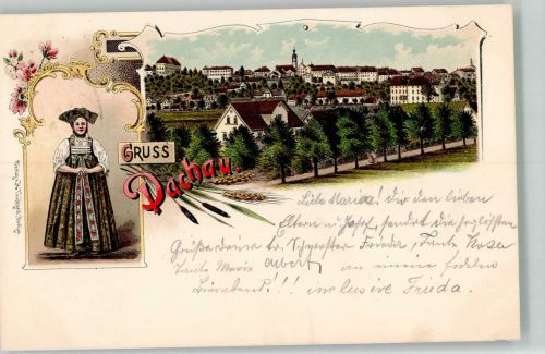 85221 W8060 Dachau 1900 Lithographie Bayerische Volkstracht Baumallee