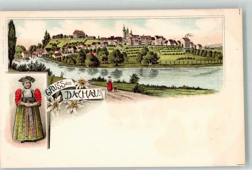 85221 W8060 Dachau Lithographie Volkstracht Feldweg Angler um ca. 1900