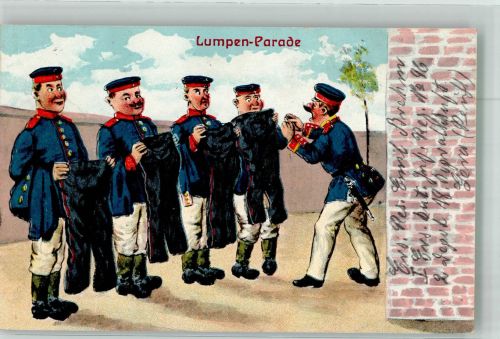 Spieß schnauzt Landser wegen den verdreckten Uniformhosen an Feldpost Gera Militär Humor WK I 1915 Künstlerkarte