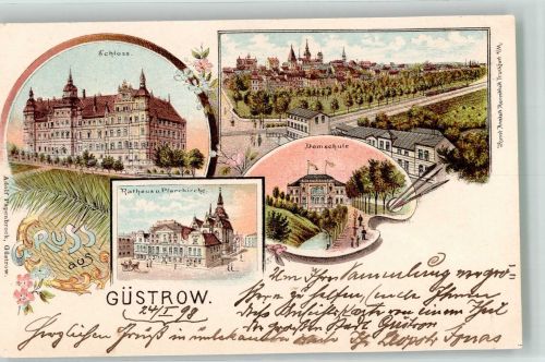 18273 O2600 Güstrow 1898 Lithographie Rathaus Pfarrkirche Schloss Domschule
