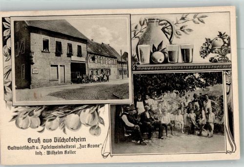 65474 W6094 Bischofsheim b Rüsselsheim Foto AK Gasthaus-Apfelkelterei Zur Krone Gartenwirtschaft Bempel Äpfel