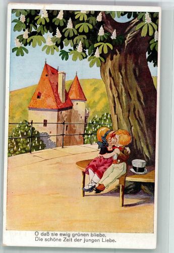 Zwei kleine Kinder küssen sich unter Kastanienbaum WSSB 9332/2 Kinderpoesie Künstlerkarte