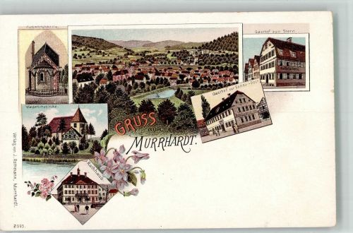 71540 W7157 Murrhardt Lithographie Waldrichskirche Waldrichskapelle Rathaus Gasthaus zur Sonne Gasthaus zum Stern