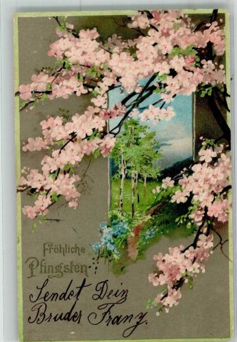 Blühende Zweige über Frühlingslandschaft mit Birken Erika Nr. 2169 Pfingsten 1905 Prägedruck