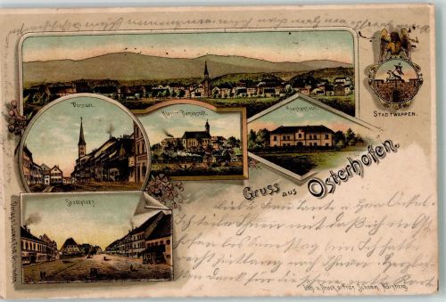 94486 W8353 Osterhofen , Niederbay 1900 Lithographie Vorstadt Stadtplatz Krankenhaus Kloster Damenstift Stadtwappen