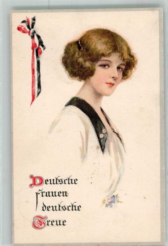 Portrait einer jungen Frau Schwarz-Weiß-Rot Deutsche Frauen deutsche Treue M.S.i.B. 61 Patriotik WK I, Deutschland 1918 Künstlerkarte