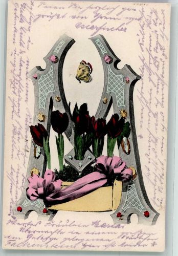 Tulpen mit dem stilisierten Buchstaben M Schmetterling Lithographie / Künstlerkarte