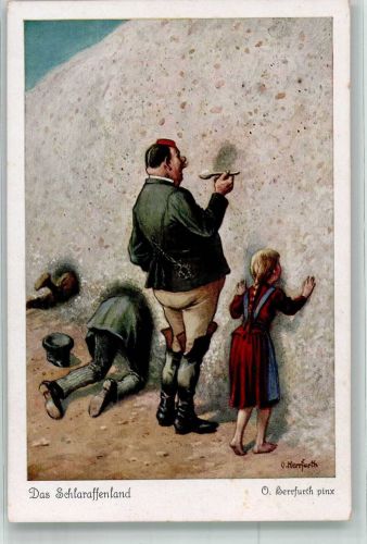 Das Schlaraffenland Menschen vor einer Mauer aus Reisbrei Uvachrom Nr. 5091 Serie 354 Herrfurth, O. Künstlerkarte