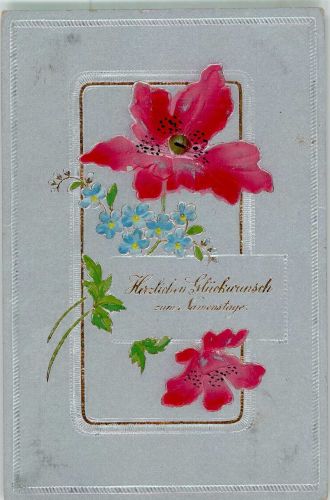 Vergissmeinnicht mit Mohnblumen Namenstag 1906 Prägedruck
