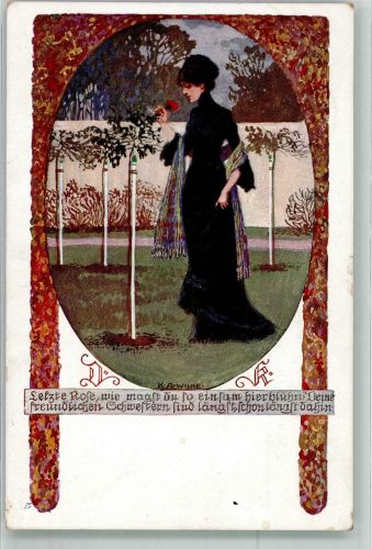 sign. Wilke Schwarz gekleidet Frau mit roter Rose trauert um ihre Schwestern Deutsche Kanzlei Nr. 7 Trauer 1913 Künstlerkarte