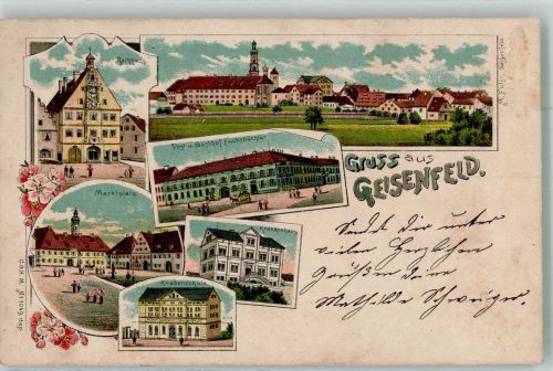 85290 W8069 Geisenfeld 1906 Lithographie Marktplatz Rathaus Knabenschule Gasthaus Fuchsbüchler Krankenhaus
