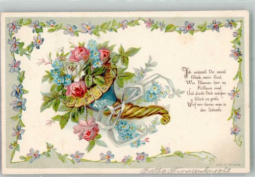 Füllhorn mit Vergissmeinnicht und roten Rosen Blumensprache 1904 Prägedruck