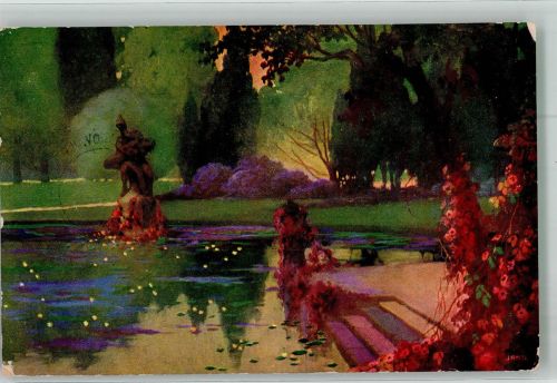 sign. Jandl Eine romantische Gartenszene Seerose 1918 Künstlerkarte