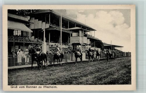76473 W7557 Iffezheim Foto AK Iffezheimer Galopprennbahn Tribünen I. und II. Vollblüter