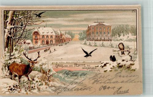 65183 W6200 Wiesbaden 1901 Winterlithographie Die Platte Skiläufer Pferdeschlitten Hirsch Rabe Singvögel sign. FN