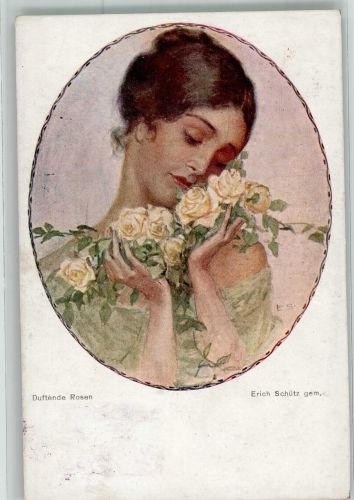 sign. Schütz, Erich Junge Frau mit gelben Rosen B.K.W.I. Nr. 128/1 Wiener Kunst 1919 Künstlerkarte
