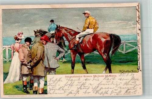 76473 W7557 Iffezheim 1901 Lithographie / Künstlerkarte Galopp-Pferderennbahn Jockey Vollblüter sign. Junker