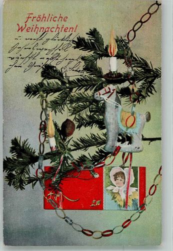 Weihnachten Tannenzweig mit leuchtenden Kerzen und Pferde-Christbaumschmuck Serie No. 1677 Edgar Schmidt, Dresden 1903 Künstlerkarte
