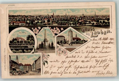Lauban Luban 1901 Gebrauchsspuren Marktszene Bruderturm Fr.Wilhelm-Platz Kriegerdenkmal Lithographie