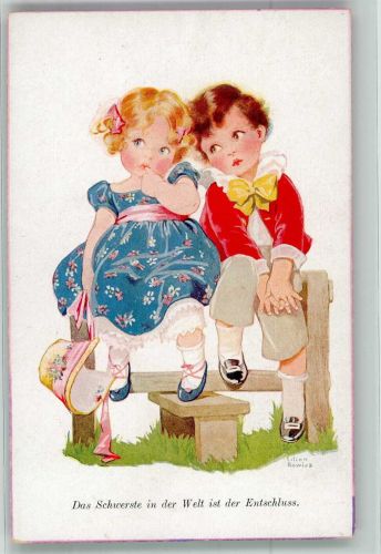 sign. Rowles, Lilian Zwei verliebte kleine Kinder Kinderpoesie Verlag Wohlgemuth & Lissner No. 2551 Primus Künstlerkarte