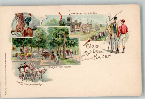 76473 W7557 Iffezheim Lithographie Galopp-Pferderennbahn Jockey Rückfahrt Lichtentaler Allee Troika von Fürst Mentschikoff
