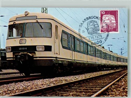Dreiteiliger elektrischer Triebzug für S-Bahnen Baureihe ET 420 Vignette Briefmarkenausstellung Ferphilex 76 Saarbrücken Eisenbahnzug Foto AK