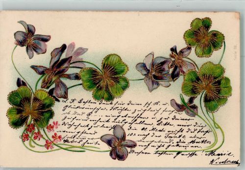 Veilchen Golddruck Jugendstil Glückskleeblatt 1903 Prägedruck