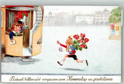 Mädchen mit Blumen versucht den Omnibus einzuholen WSSB 5048 Namenstag Künstlerkarte