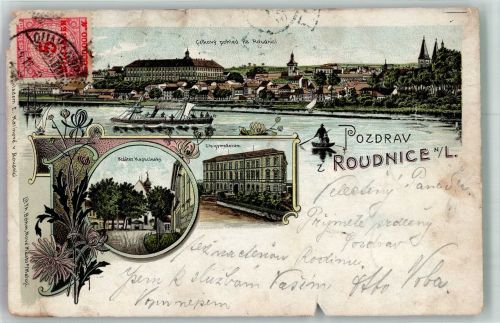 Roudnice Raudnitz 1906 Gebrauchsspuren Kirche Gymnasium Lithographie Marke bildseitig