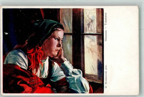 sign. Wodzinowski Träumende junge Frau am Fenster Tracht Polen 1941 Künstlerkarte
