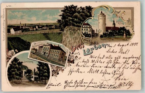 Lauban Luban 1899 Gebrauchsspuren Gymnasium Steinberg Brüderturm Lithographie