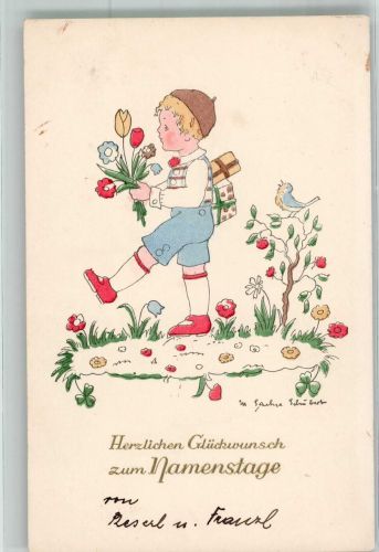 Junge gratuliert mit Blumen und Geschenken zum Namenstag HB 7717 Sachse-Schubert, M. Künstlerkarte