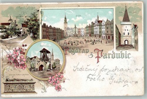 Pardubice 1898 Gebrauchsspuren Marktplatz Denkmal Lithographie beschnitten
