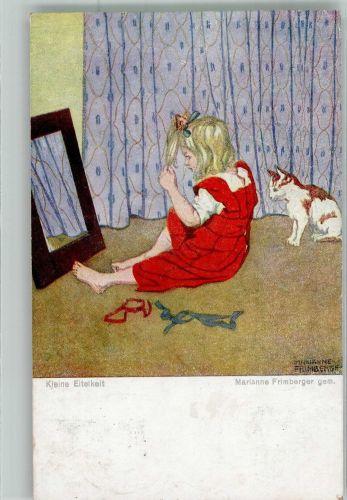 sign. Frimberger, Marianne Kleines Mädchen mit Katze vor dem Spiegel B.K.W.I. Nr. 2296 Wiener Kunst 1920 Künstlerkarte