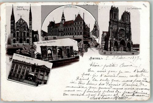 51100 Reims 1897 Gebrauchsspuren Kirche Saint Remy Rathaus Kathedrale Denkmal Louis XV. Lithographie Vorläufer
