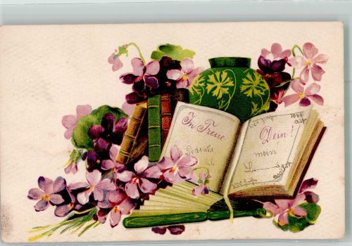 Stilleben mit Veilchen Vase und Buch mit Text In Treue Dein! Poesie / Liebe Fächer 1908 Prägedruck