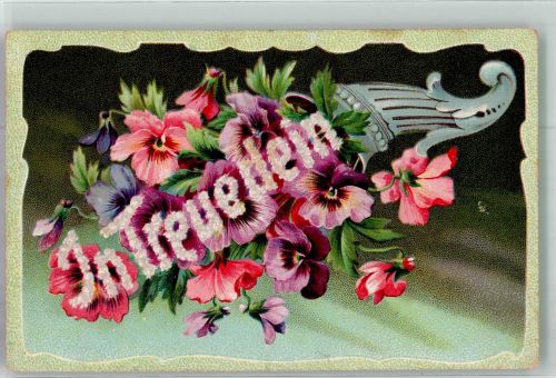 Füllhorn mit Stiefmütterchen In Treue dein Feldpost WK I Berlin Blumensprache 1915 Prägedruck